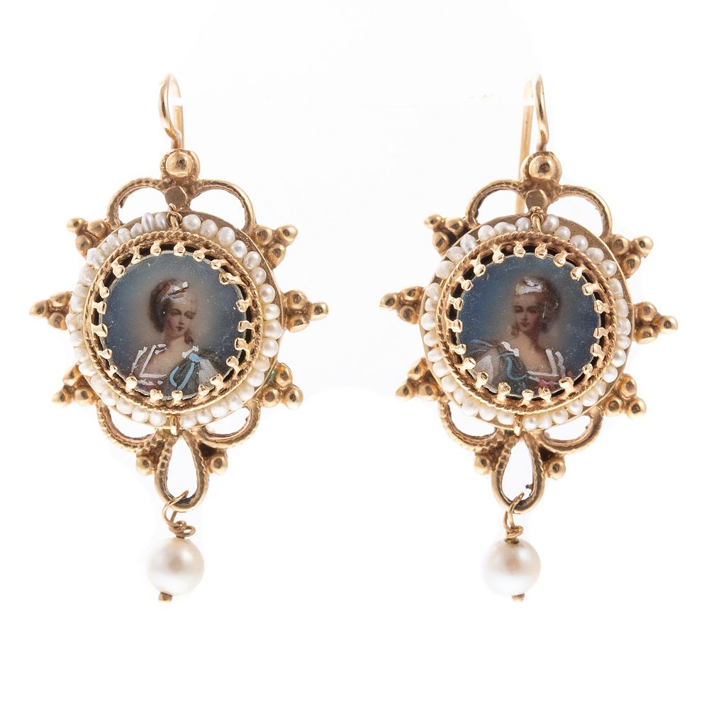 Appraisal: A Pair of Miniature Portrait Seed Pearl Earrings K yellow