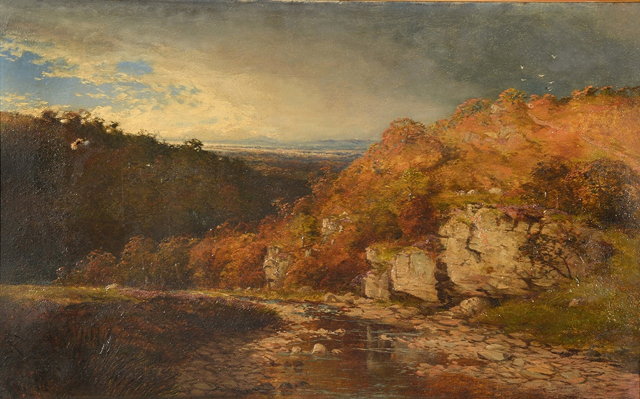 Appraisal: TH CENTURY ENGLISH SCHOOLLandscape with rocky hillside and stream indistinctly