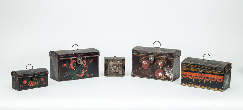 Appraisal: FOUR PAINTED TINWARE BOXES AND A TINWARE TEA CADDY to