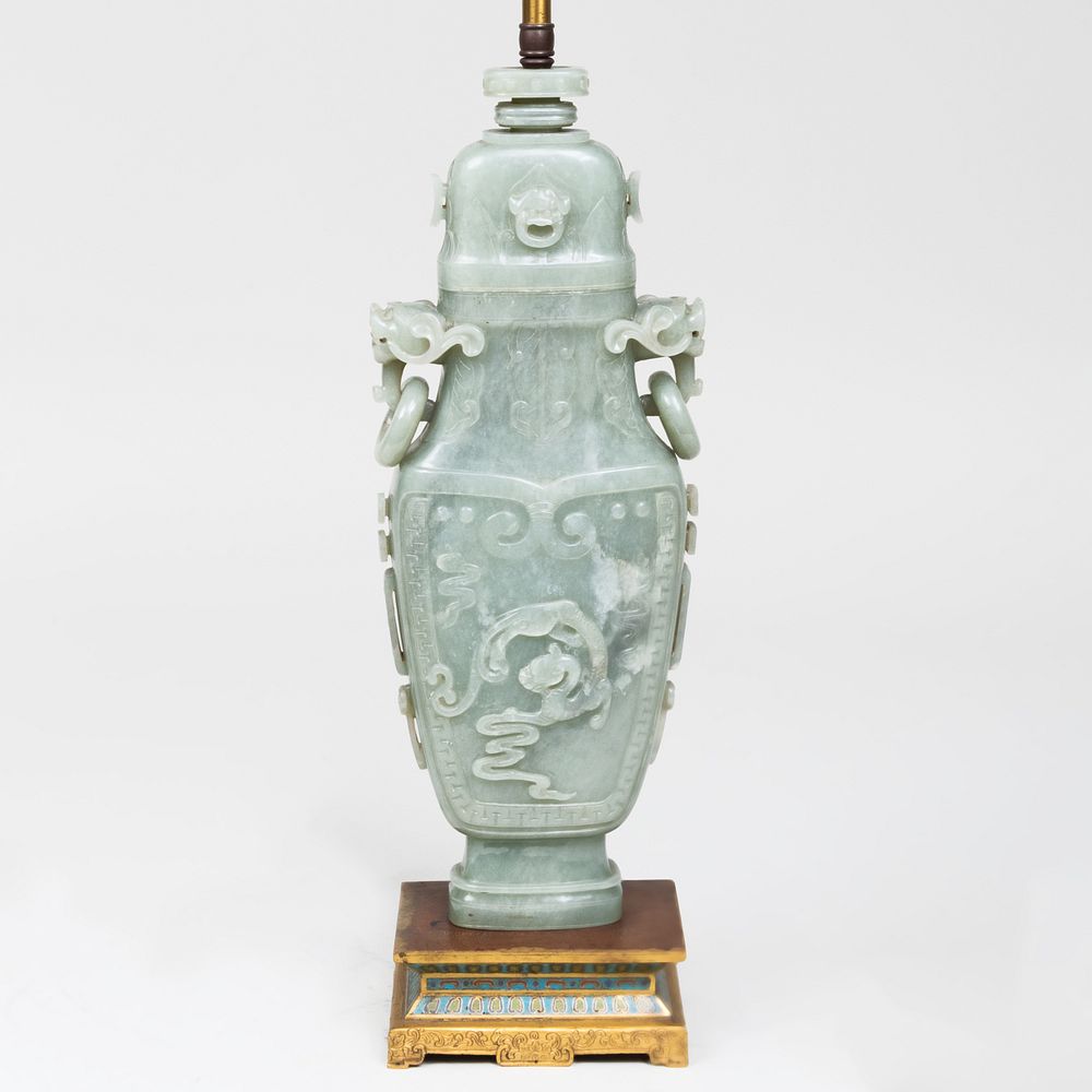 Appraisal: Chinese Hardstone Archaistic Vase and Cover Mounted as a Lamp