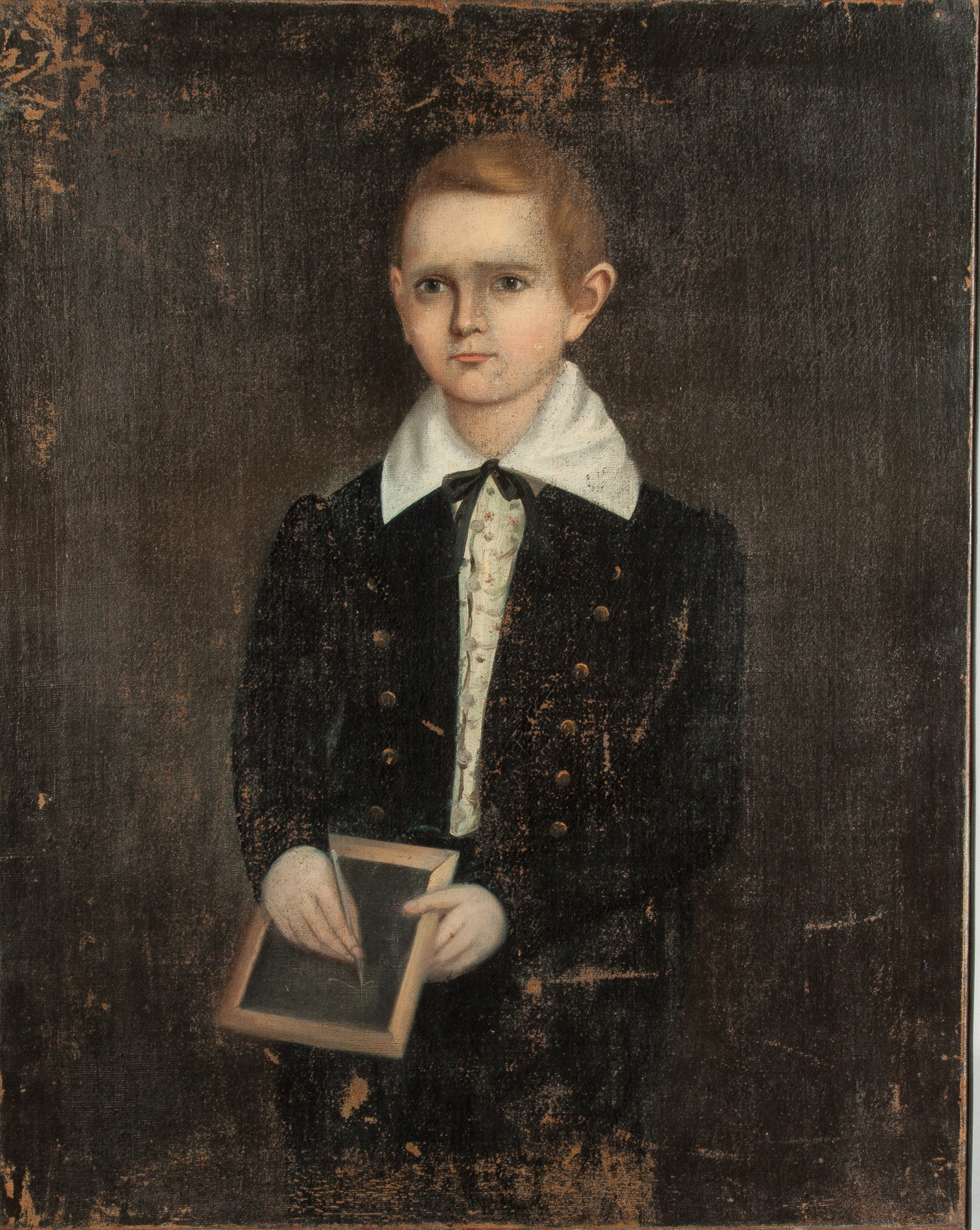 Appraisal: American Portrait of a young boy with slate board th