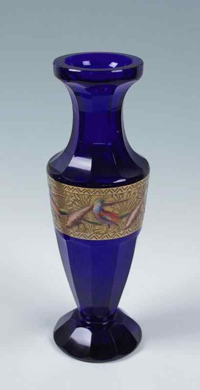 Appraisal: RICHLY ENAMELED BOHEMIAN COBALT GLASS VASE attrib Moser Colorful enameled