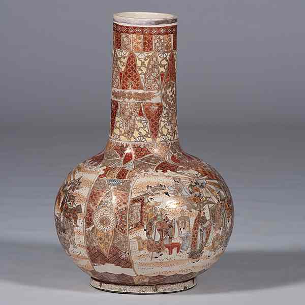 Appraisal: Satsuma Floor Vase Japanese th century A Satsuma large bottle-shaped