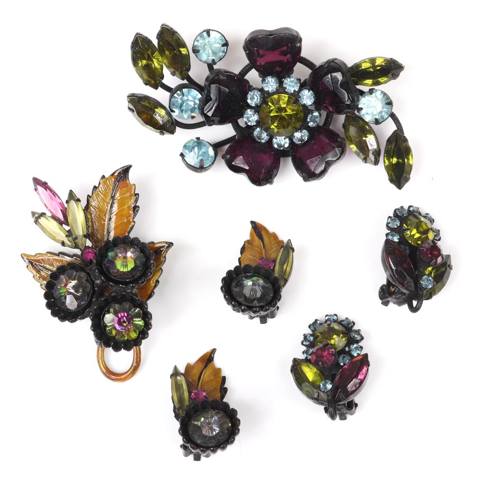 Appraisal: AUSTRIAN CRYSTAL AND JAPANNED METAL PC PIN EARRING SETS FLOWER