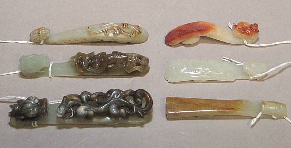 Appraisal: A group of six jade belt hooks One with a