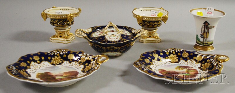 Appraisal: Five English Gilt Cobalt and Hand-painted Porcelain Table Items a