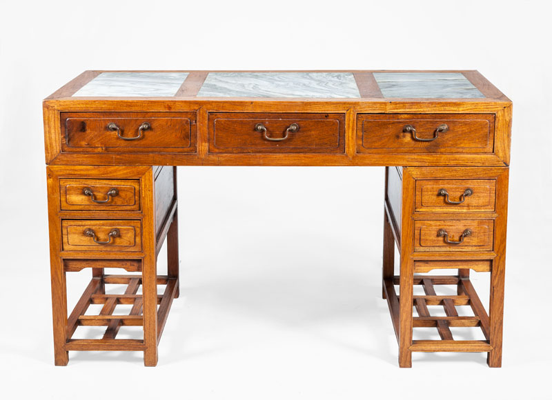 Appraisal: CHINESE HARDWOOD AND MARBLE SCHOLAR'S DESK With inset gray and