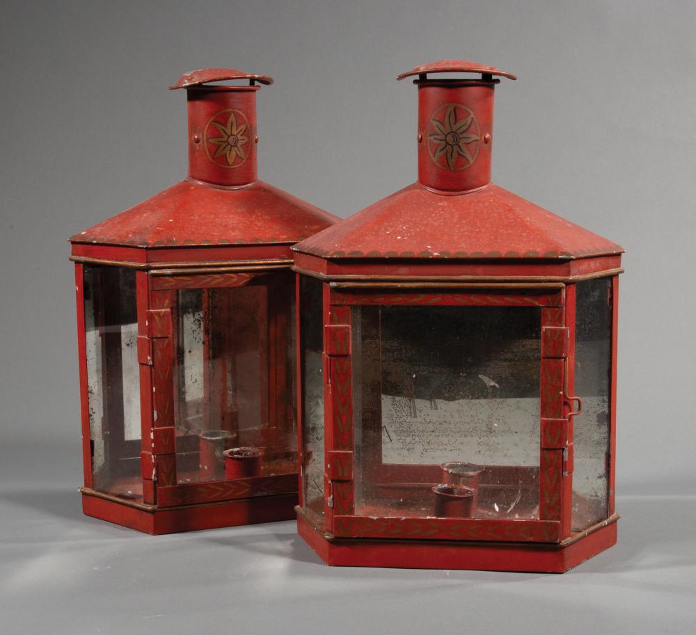 Appraisal: Pair of French Tole Peinte Mirrored Lanterns c architectonic form