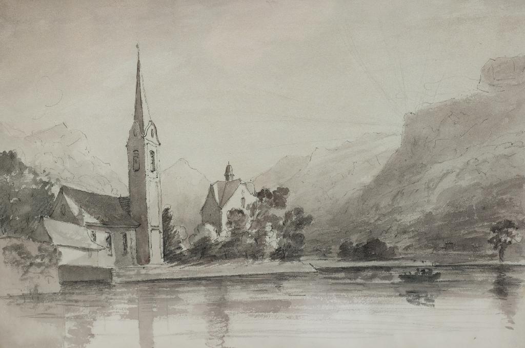 Appraisal: CONTINENTAL SCHOOL th CENTURY CHURCH BY AN ALPINE LAKE pencil