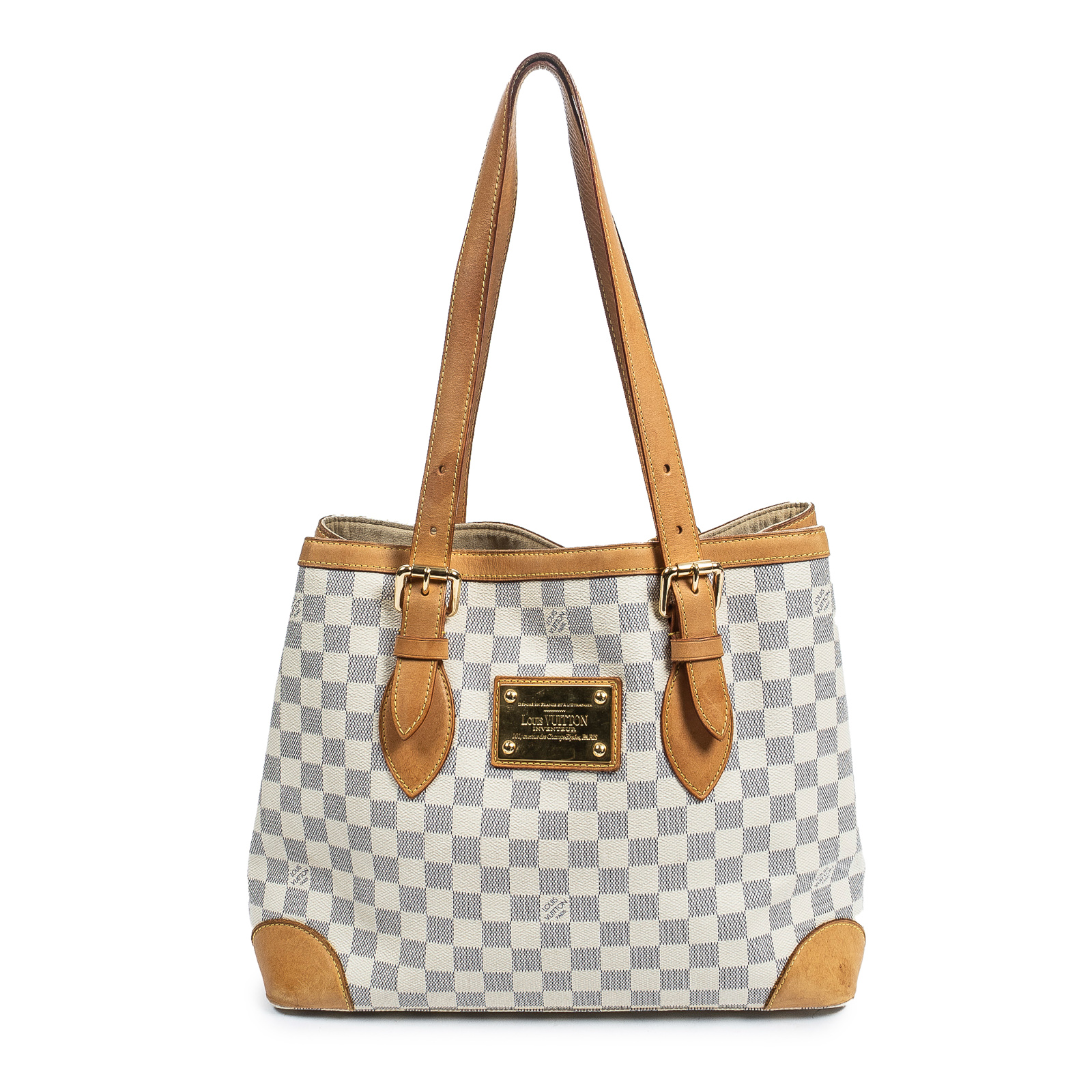 Appraisal: A LOUIS VUITTON DAMIER AZUR HAMPSTEAD MM A beige and