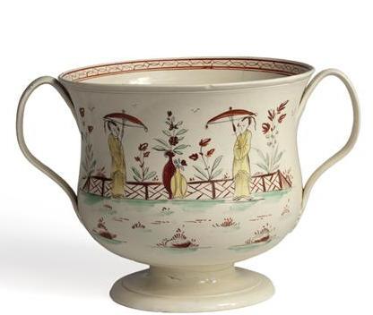 Appraisal: LEEDS CREAMWARE ENAMELLED LOVING CUP CIRCA Painted in iron-red turquoise