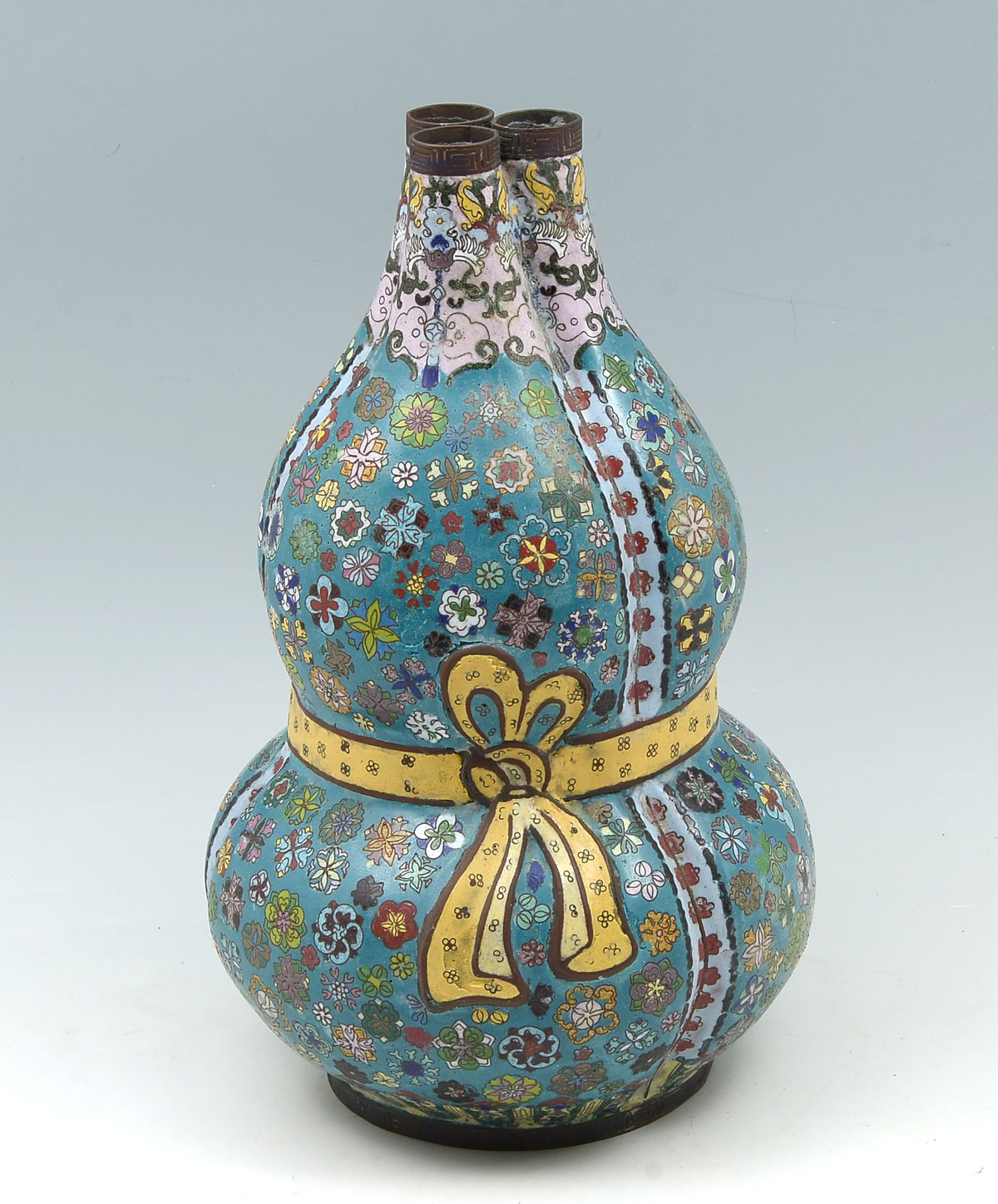 Appraisal: LARGE TRIPLE GOURD CLOISONNE VASE'' Blue ground Chinese double gourd