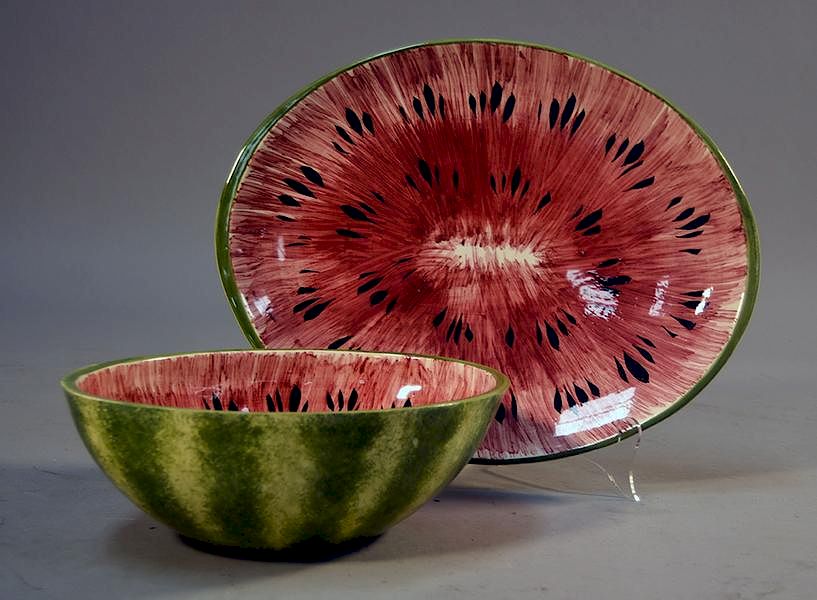 Appraisal: Two Italian Majolica watermellon pieces Two Italian Majolica watermellon pieces