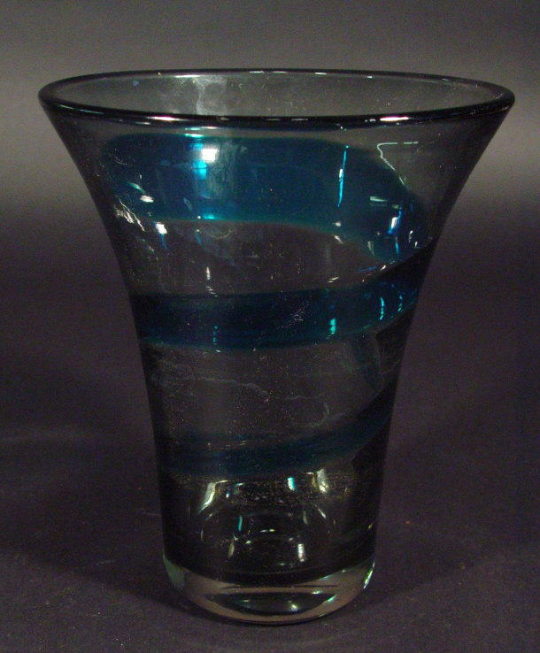 Appraisal: Whitefriars smoked glass vase of flared form with blue trailled