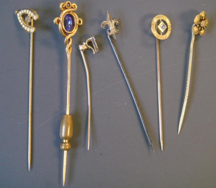 Appraisal: Gold and gold-filled Stick Pins Grouping of seven including some