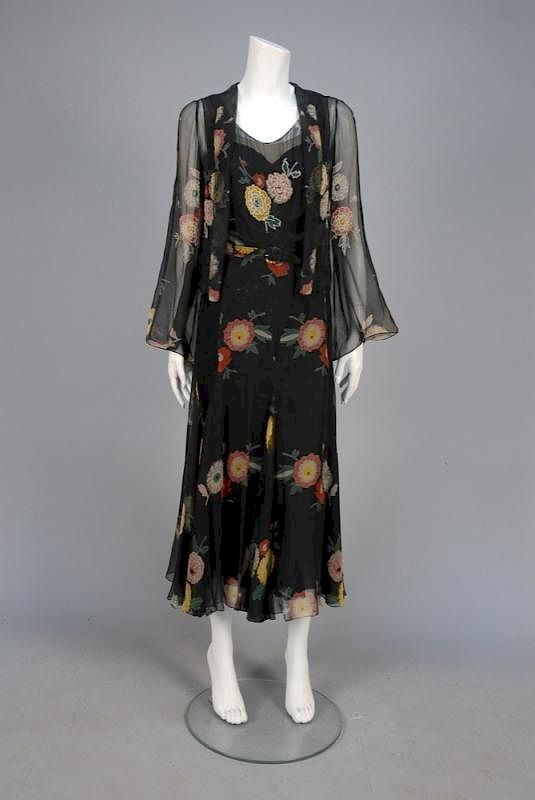 Appraisal: BEADED and PRINTED CHIFFON DRESS and JACKET s Sleeveless black