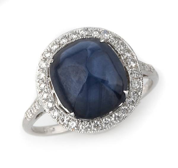 Appraisal: A sugarloaf sapphire cabochon diamond and k white gold ring