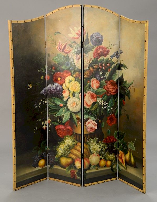 Appraisal: Four fold dressing screen with hand painted panels of flowers