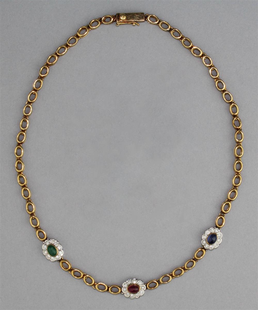 Appraisal: K YELLOW GOLD NECKLACE WITH RUBY EMERALD SAPPHIRE AND DIAMONDS