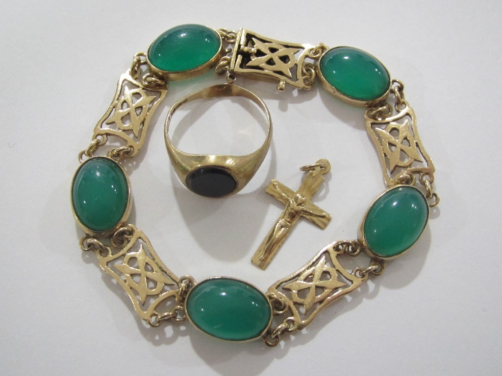 Appraisal: Lot comprising a ct gold and green agate set bracelet