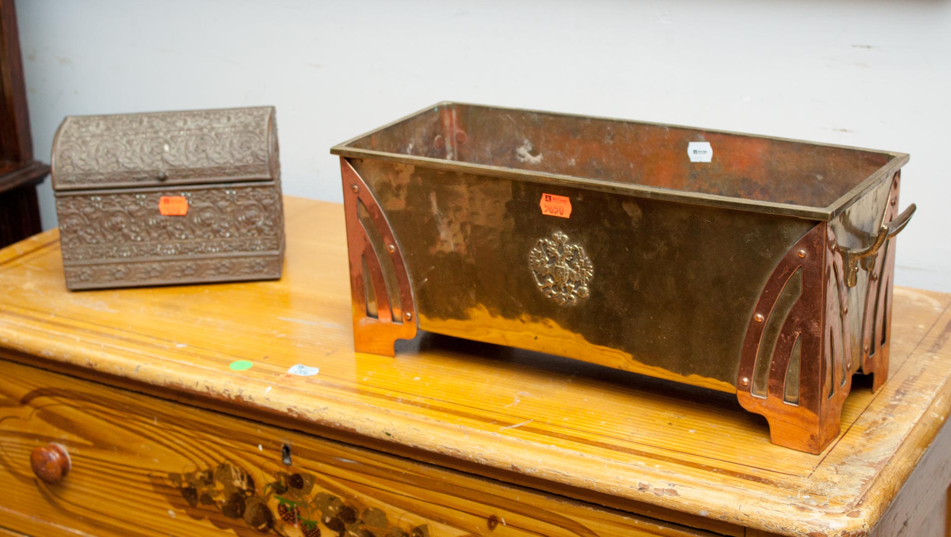 Appraisal: Two ornate metal boxes Arts and Crafts copper planter and