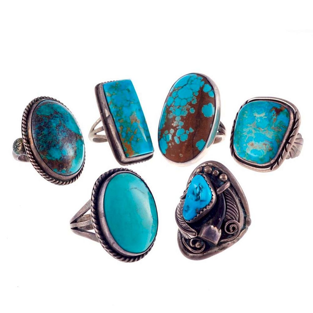 Appraisal: NAVAJO TURQUOISE RINGS Old Pawn Southwest jewelry consisting of a