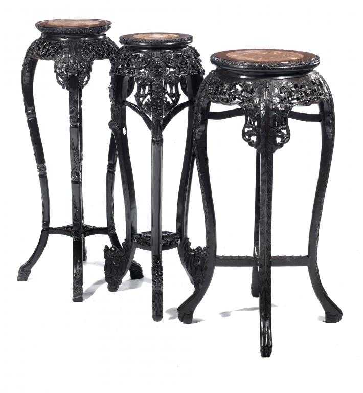 Appraisal: THREE CHINESE HARDWOOD STANDS with marble inset circular top and