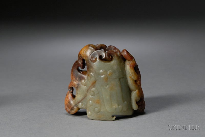 Appraisal: Jade Sword Fitting gray stone with deep russet areas carving