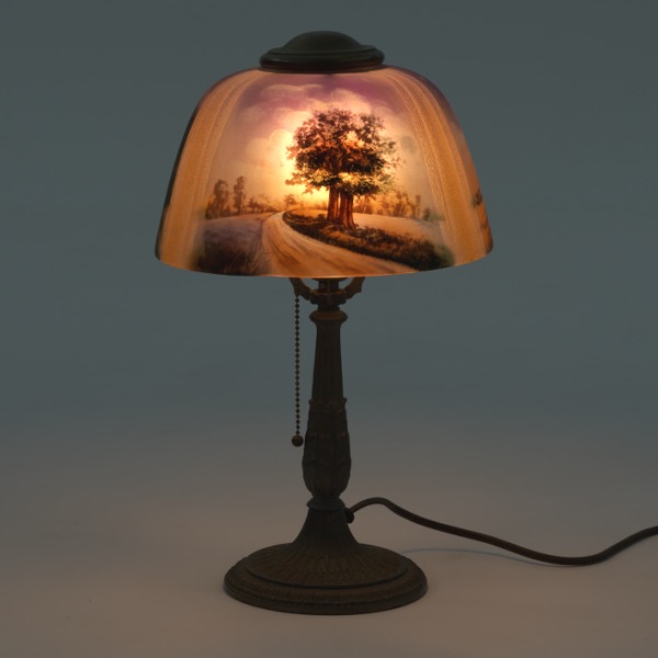 Appraisal: PITTSBURGH REVERSE PAINTED LAMP tall shade diameter Vintage lamp with