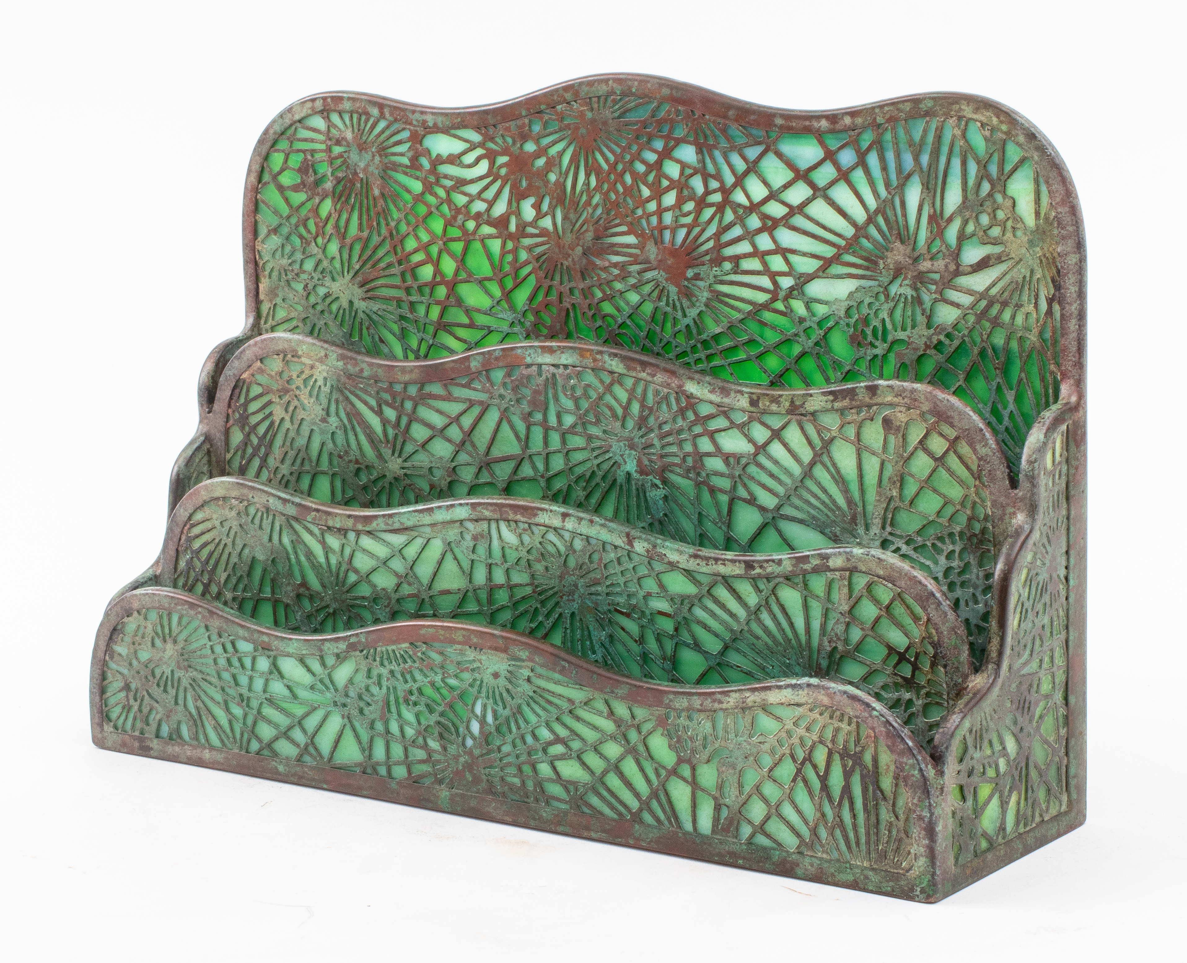 Appraisal: TIFFANY STUDIOS PINE NEEDLE LETTER HOLDER Tiffany Studios three-tier verdigris