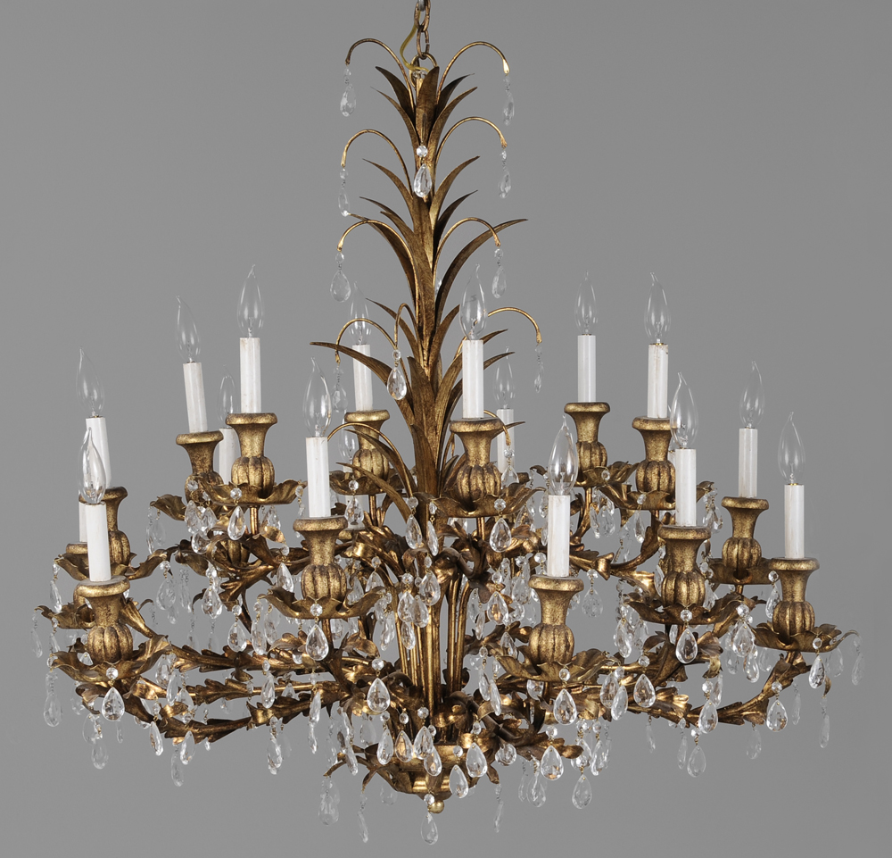 Appraisal: Gilt Iron and Crystal Chandelier Italian modern wreath and scroll