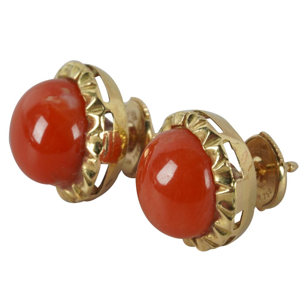 Appraisal: KARAT YELLOW GOLD CORAL EARRINGScomprising two round cabochon corals measuring