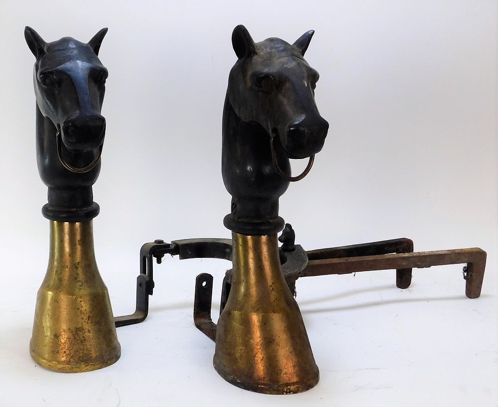 Appraisal: Cast Iron Horse Head Brass Hitching Post Andirons United States