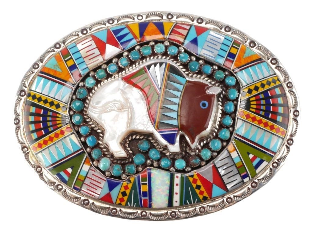 Appraisal: Native American style sterling silver belt buckle featuring a buffalo