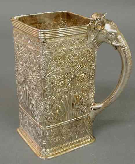 Appraisal: Square sterling silver pitcher by Gorham with applied elephant head