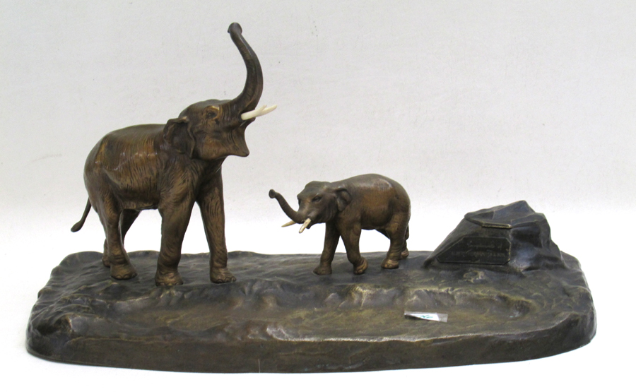 Appraisal: AUSTRIAN PATINATED BRONZE ELEPHANT DESK TRAY having naturalistic base with