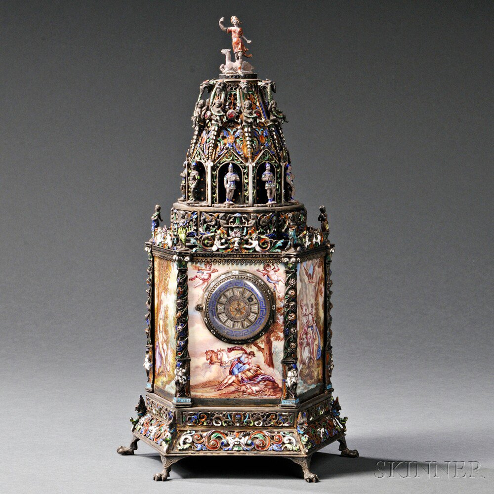 Appraisal: Viennese Silver and Enamel Tower-form Timepiece Austria c attributed to