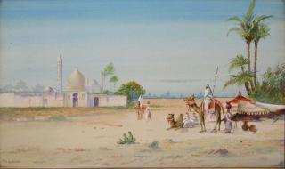 Appraisal: M Cobini Th C The Oasis Watercolor On Paper Arabian