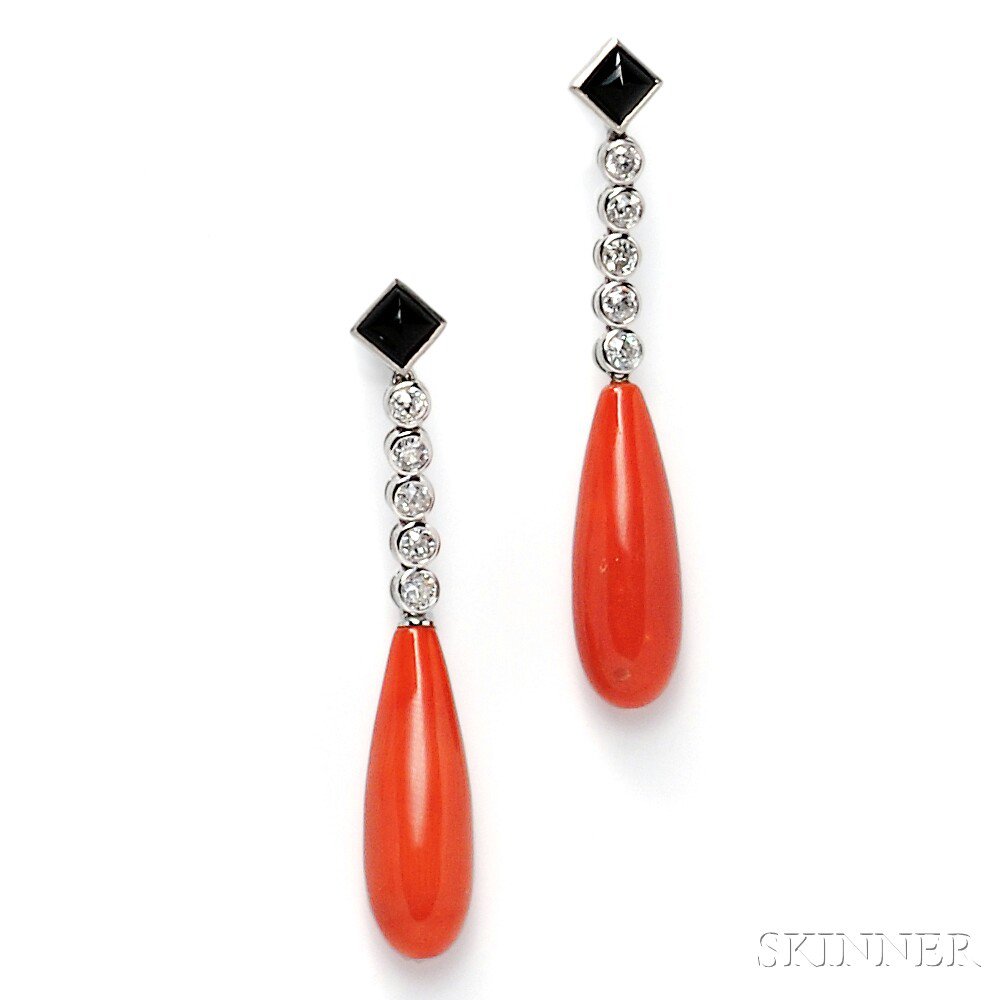 Appraisal: Platinum Coral and Onyx Earpendants the onyx pyramids suspending bezel-set