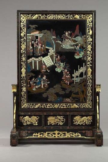 Appraisal: Large Chinese Carved and Parcel-Giltwood Polychromed Black-Lacquer Panel Screen-on-Stand in