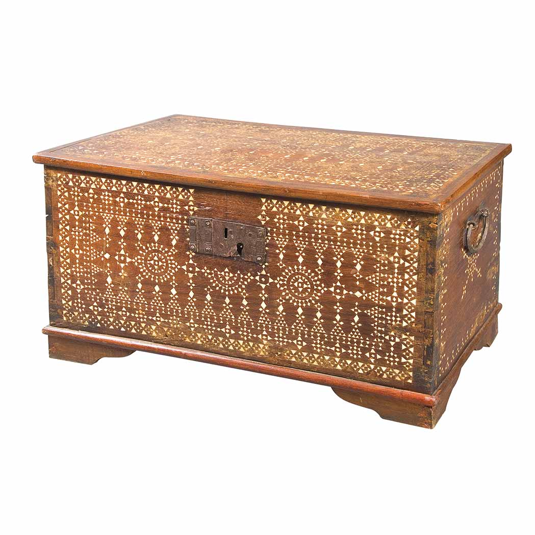 Appraisal: North African Mother-of-Pearl Inlaid Hardwood Chest Decorated with starbursts Height