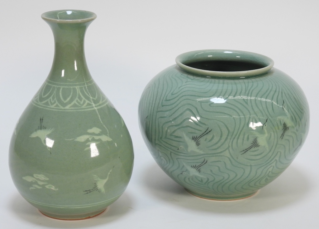 Appraisal: PC KOREAN CELADON CRANE VASES Korea Early th CenturyIncludes a