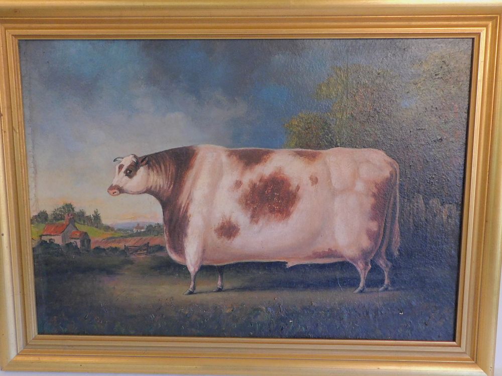 Appraisal: FOLK ART PAINTING OF COW Folk art oil painting of