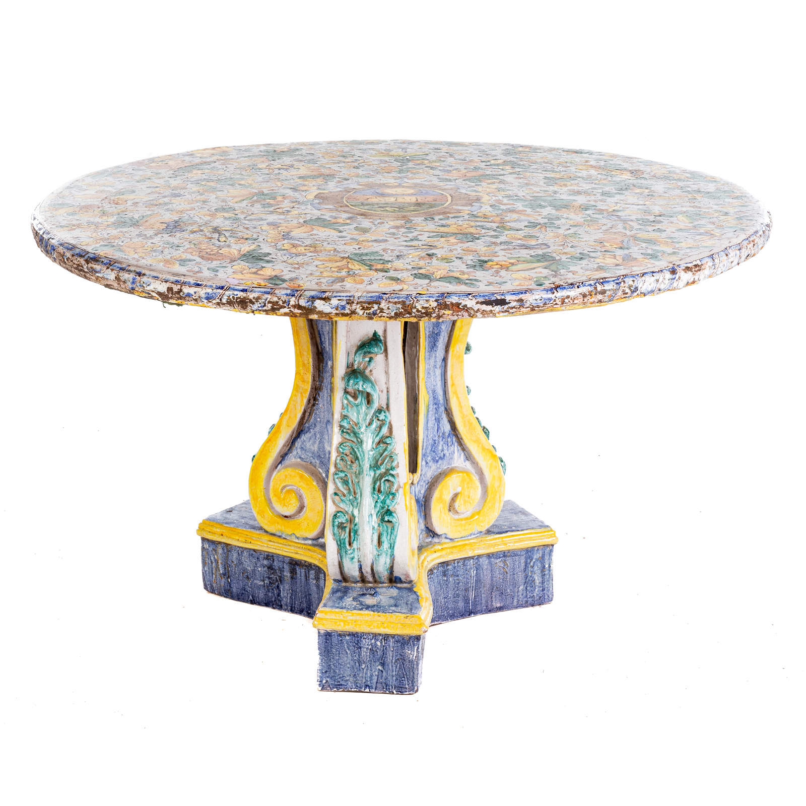 Appraisal: ITALIAN STONE FAIENCE ROUND PEDESTAL TABLE Elaborate bird grape and