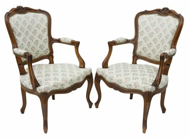 Appraisal: pair French Louis XV style walnut finish armchairs early th