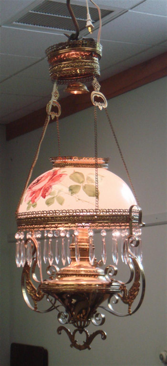 Appraisal: Ornate Victorian hanging kerosene lamp very ornate frame with cast