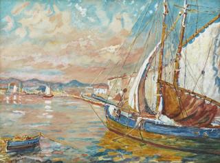 Appraisal: B F Guinn Harbor Scene with Sailboat c watercolor signed