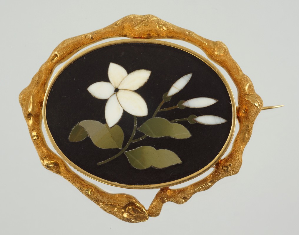 Appraisal: Unmarked YG oval pietra dura floral pin framed tests as