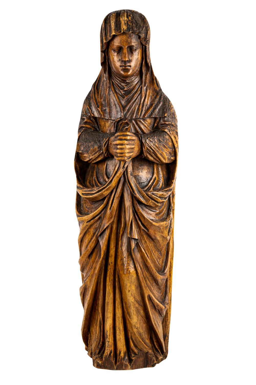 Appraisal: GERMAN CARVED WALNUT FIGURE VIRGIN MARYCondition with wear and loss