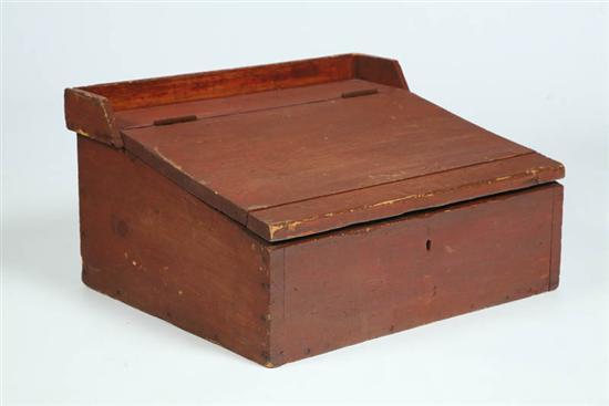 Appraisal: TABLE TOP DESK Red stained desk with gallery and interior